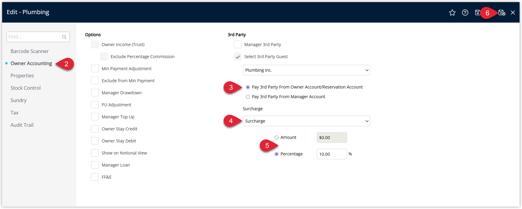 RMS Sundry setup window on the Owner Accounting tab for a Third Party Charge, showing the “Pay 3rd Party From Owner Account” option ticked, a Manager Surcharge selected from a dropdown, a Surcharge Amount or Percentage entered, and the Save/Exit button highlighted to apply the surcharge settings.