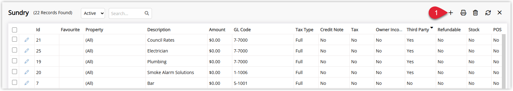 RMS Sundry Charges setup screen under Setup > Accounting > Sundry displaying a list of existing sundry items with columns such as Description and GL Code, and the Add button selected to create a new manager surcharge sundry.