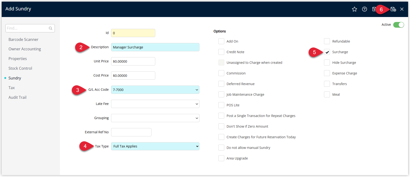 RMS Sundry edit window showing fields completed for Sundry Description, General Ledger Account Code and GST Option, with the Surcharge checkbox ticked and the Save/Exit button selected to save the new manager surcharge item for use with third party charges.