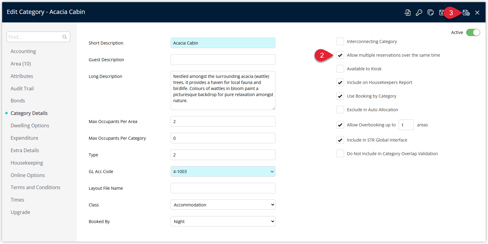 RMS Category details window showing settings for the selected Category, with the option Allow multiple reservations over the same time ticked and the Save/Exit button highlighted to allow overlapping reservations in this Area.