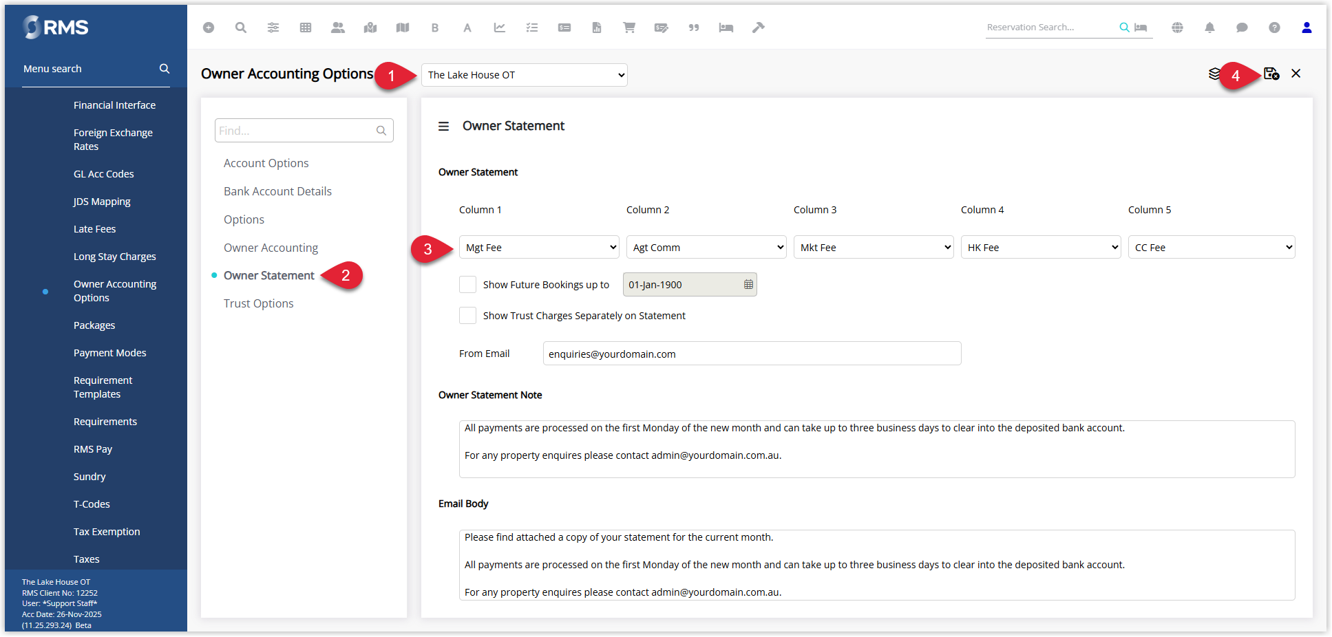 RMS Owner Accounting Options window with a property selected and the Owner Statement tab open, showing multiple columns where G/L Account Code Groupings are chosen from drop-down lists, and the Save/Exit button highlighted to store the grouping configuration for owner statements.