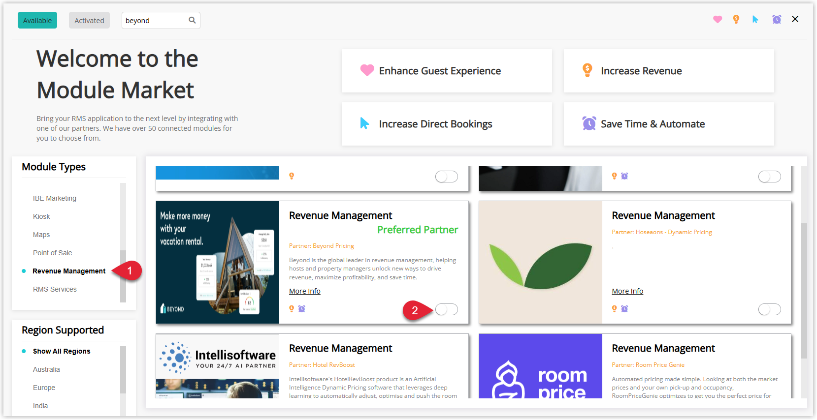RMS Module Market screen with Module Type set to Revenue Management, showing the Beyond Pricing tile listed with its description and the toggle switched on to enable the Beyond Pricing module.