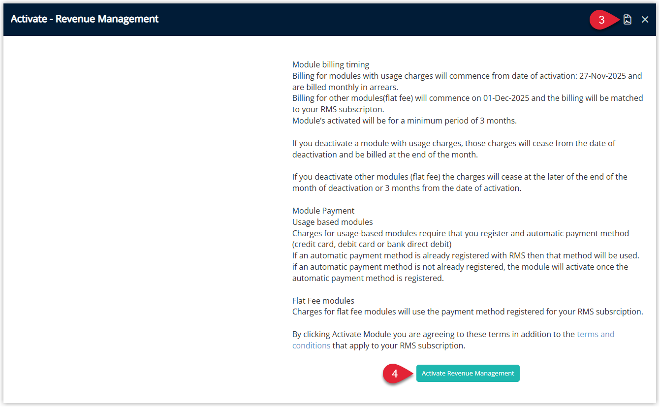 RMS Revenue Management activation dialog displaying the RMS Terms & Conditions for Beyond Pricing and an Activate Revenue Management button highlighted to confirm activation of the Beyond Pricing integration.