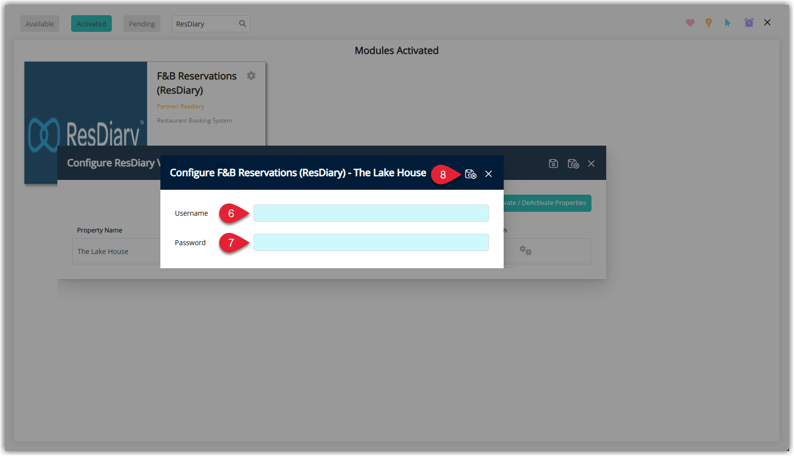 Screenshot of the ResDiary Module Settings window in RMS showing fields to enter the ResDiary username and password for the integration.