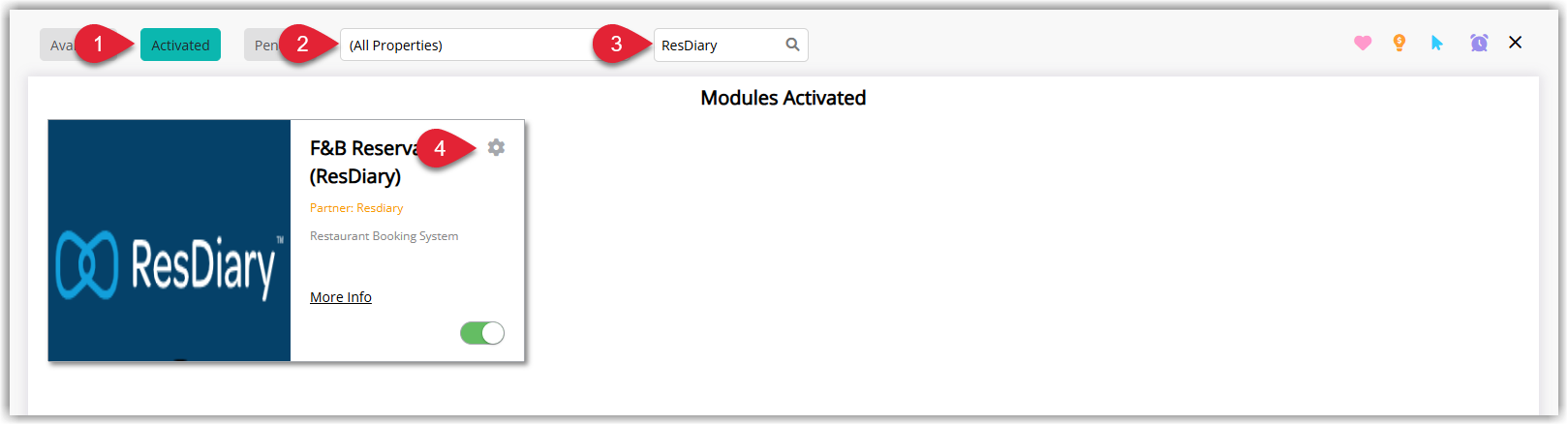 Screenshot of the Activated Modules page in RMS showing the configuration (cog) icon used to open settings for the ResDiary module.
