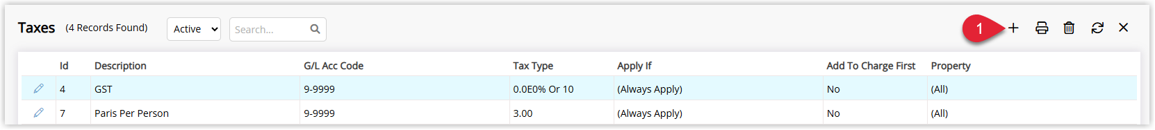 Screenshot of the Taxes setup screen in RMS showing the list of existing taxes with the Add button highlighted to create a new City Tax.