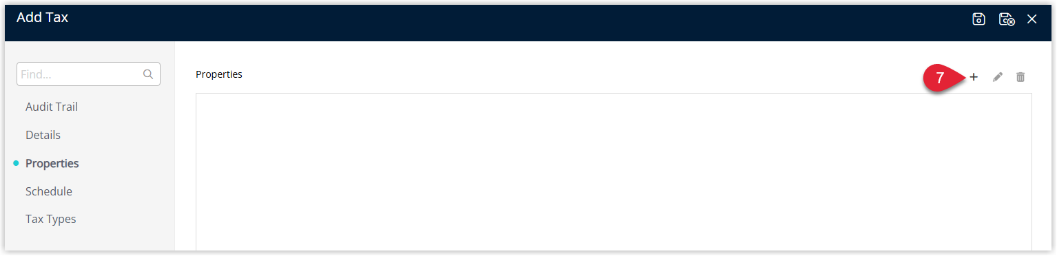 Screenshot of the property allocation window in RMS opened from the Properties tab, showing the Add option used to select properties for the City Tax.