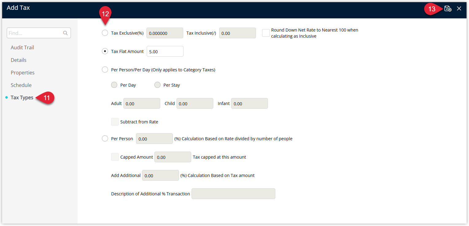 Screenshot of the Tax Types tab in RMS showing City Tax configuration options including tax type selection such as Tax Exclusive, Tax Flat Amount, Per Person/Per Day or Per Person, with the Save/Exit button to apply the settings.
