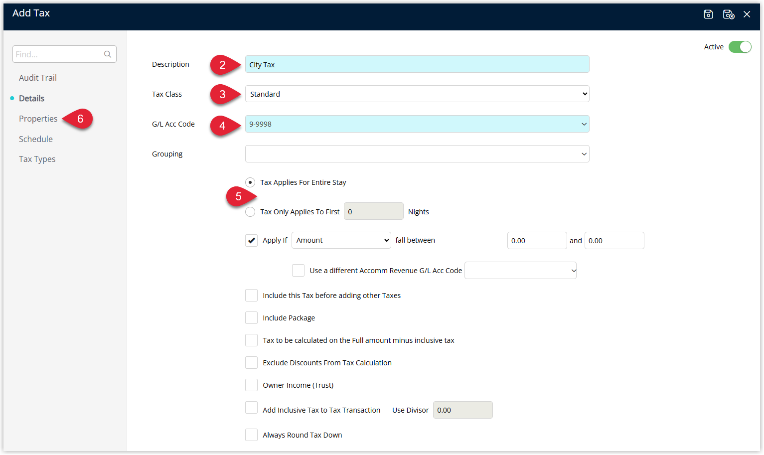 Screenshot of the Tax setup window in RMS with the Properties tab selected, ready to allocate properties to the City Tax.