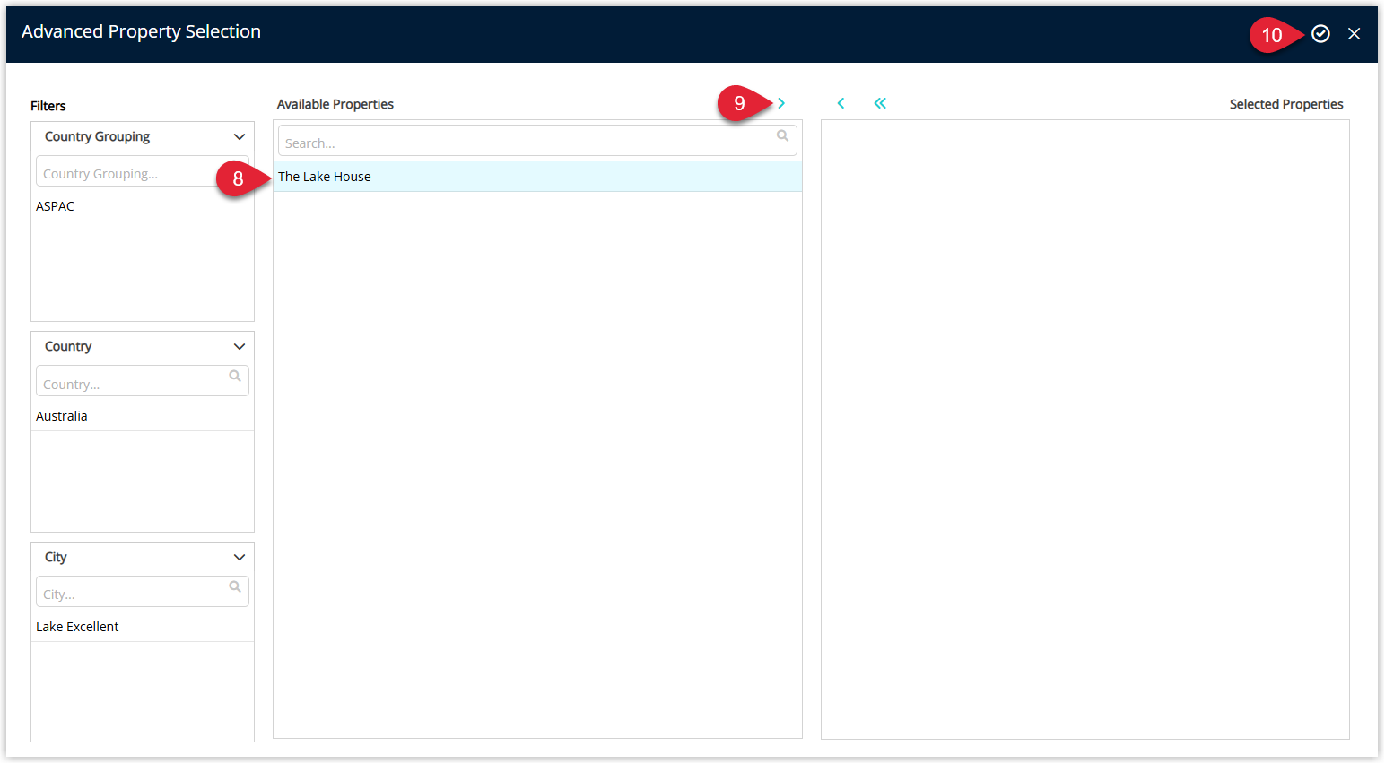Screenshot of the Properties tab in RMS after allocation, showing the selected property listed as allocated to the City Tax with the Apply/Exit button available.