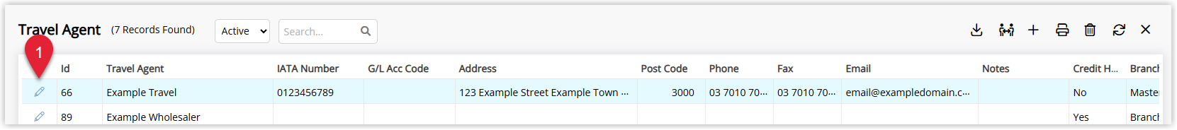 RMS Travel Agent setup screen listing existing travel agents with one agent highlighted and the Edit option selected to open that agent’s details.