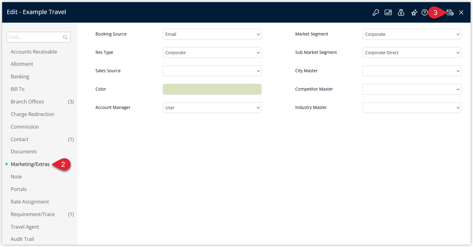 RMS Travel Agent details window on the Marketing/Extras tab showing optional fields for Booking Source, Reservation Type, Sales Source, Colour, Account Manager, Market and Sub-Market Segment, City Master, Competition Master, and Industry Master completed, with the Save/Exit button highlighted to store the marketing settings.