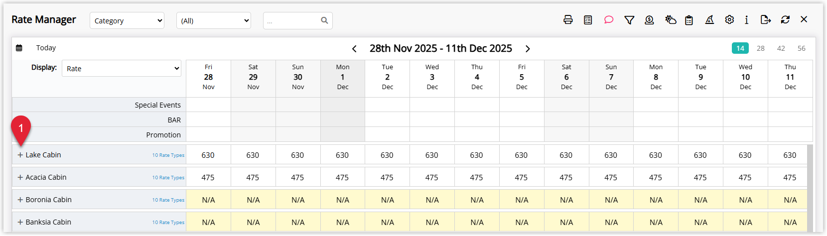 Screenshot of the Rate Manager screen in RMS with the category list expanded to show rows for Property BAR, Category BAR and associated rate types for a selected category.