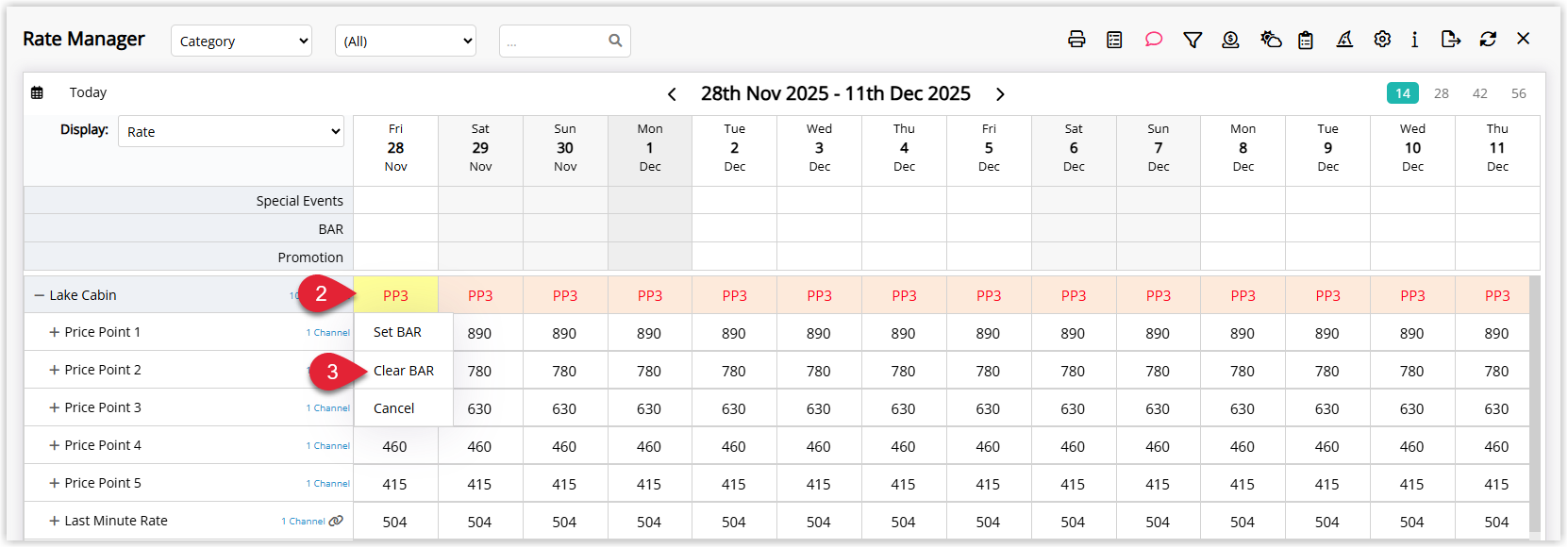 Screenshot of the Rate Manager in RMS showing the Category BAR row highlighted for a specific category, with the Clear BAR option selected to remove the category-level BAR setting.