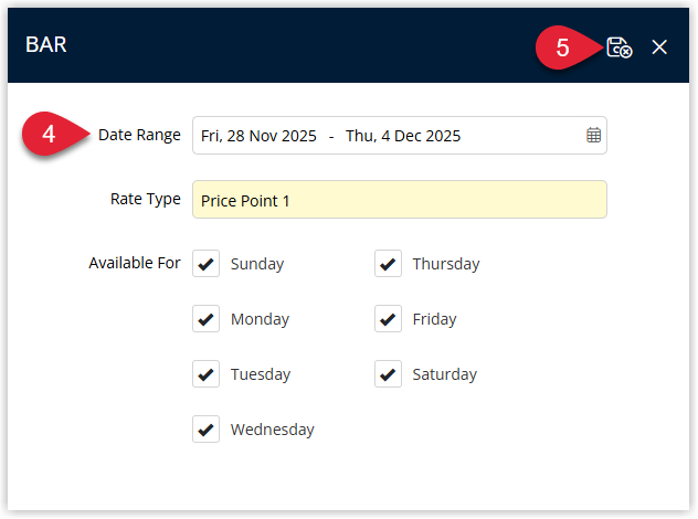 Screenshot of the Clear BAR dialog in RMS showing a Date Range selector for the period to clear the Category BAR, with the Apply/Exit button highlighted to revert those dates back to the Property BAR.