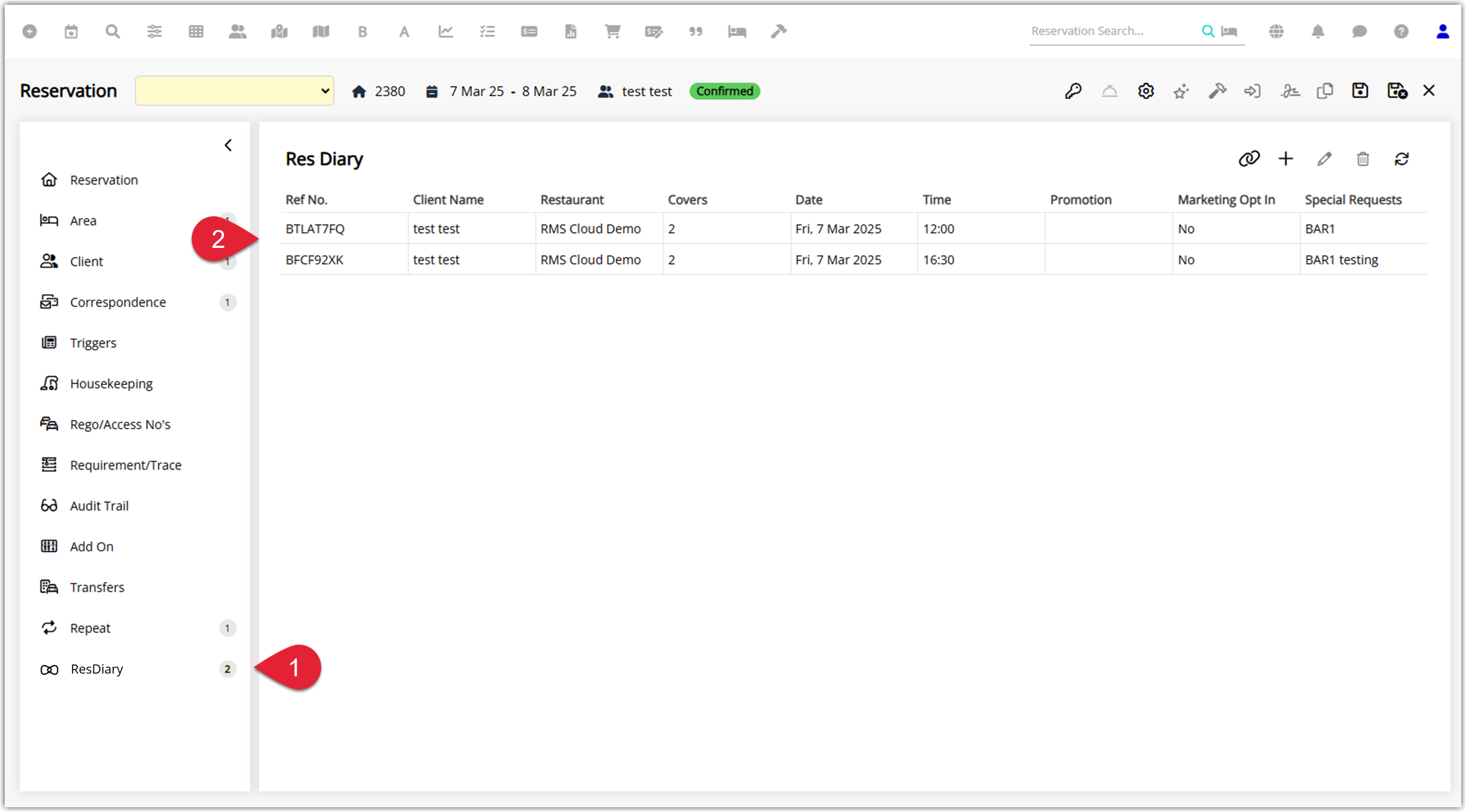 Annotated screenshot of the ResDiary tab on a reservation in RMS with the ResDiary menu item and the restaurant bookings list highlighted