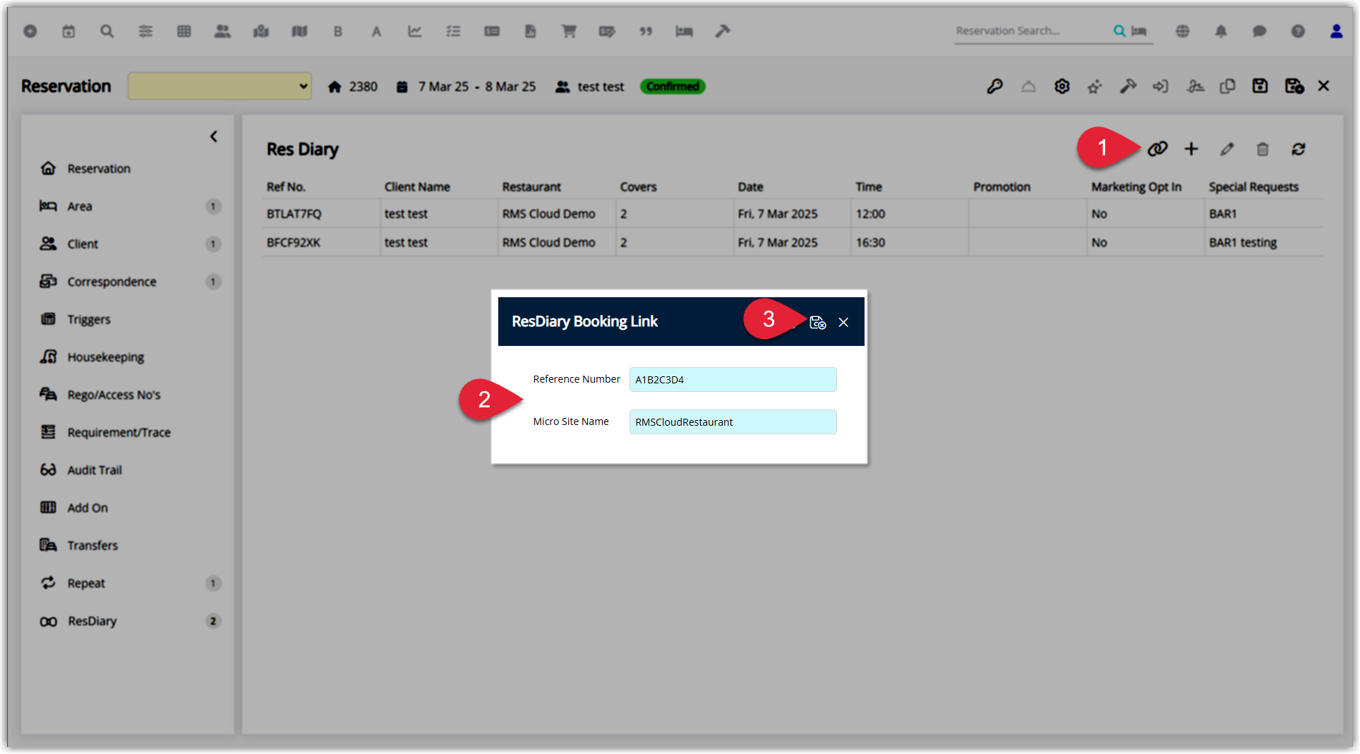 Screenshot of the Link Reservation dialog in RMS showing fields for the ResDiary reference number and micro site name used to link an existing ResDiary booking.