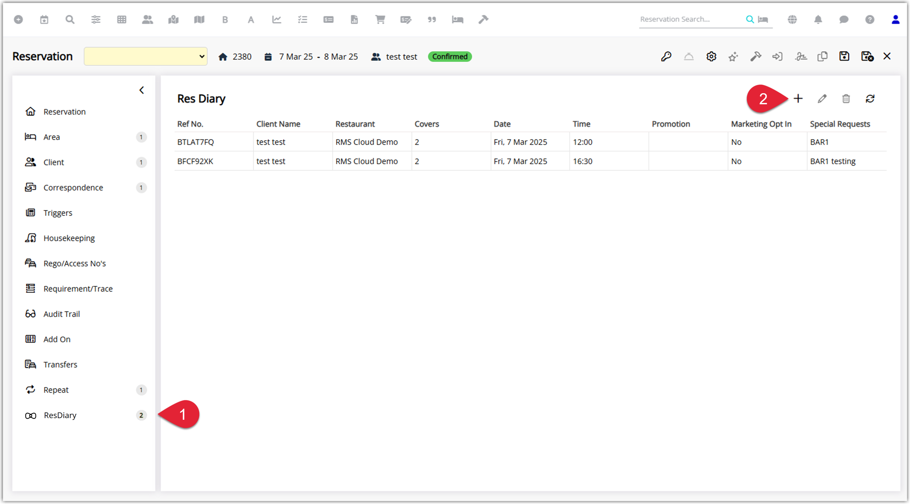 Annotated screenshot of the ResDiary tab on a reservation in RMS with the ResDiary menu item and the Add icon highlighted