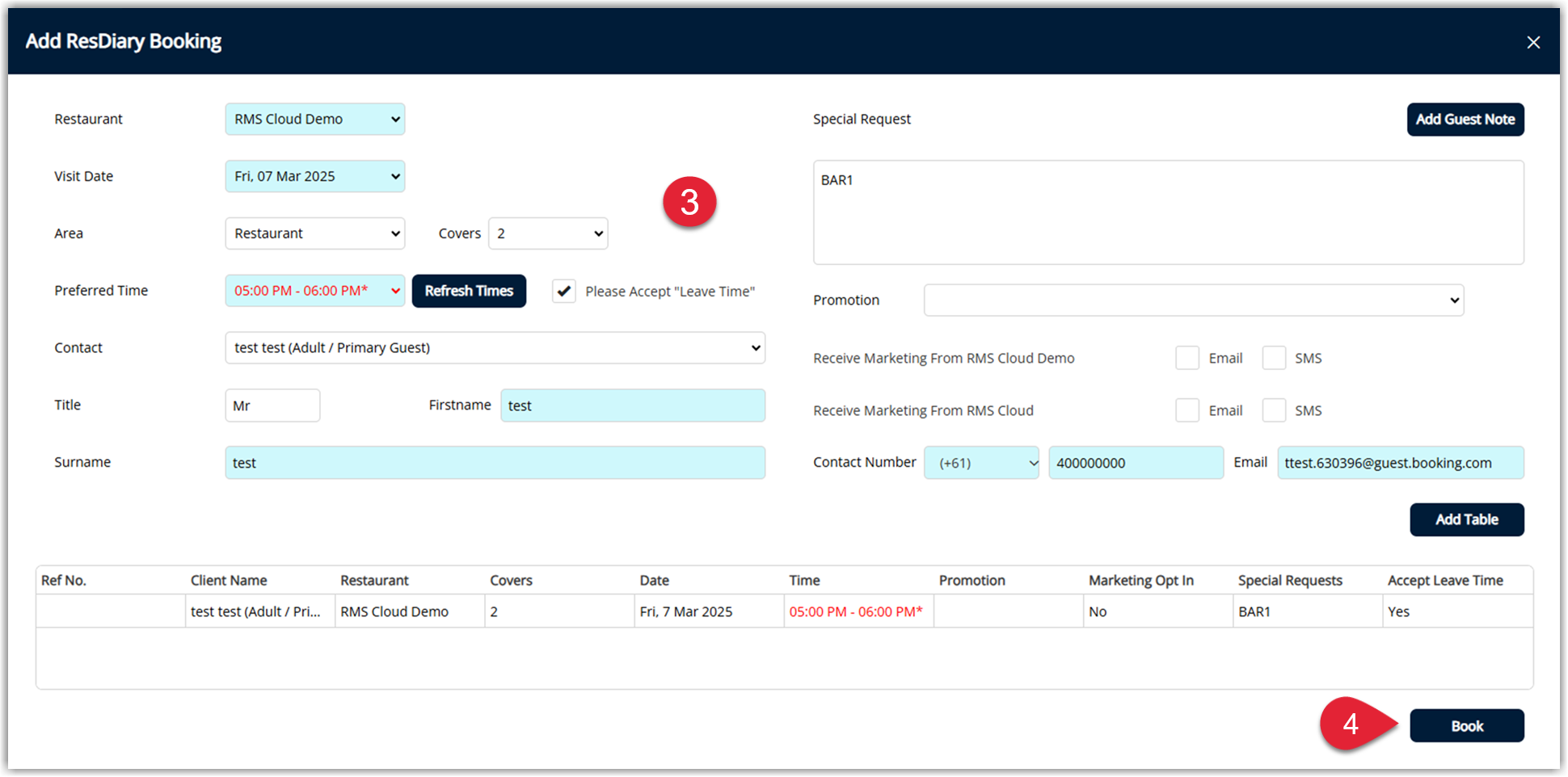 Screenshot of the Add ResDiary Booking form in RMS showing mandatory fields highlighted in blue, such as date, time, covers and restaurant.