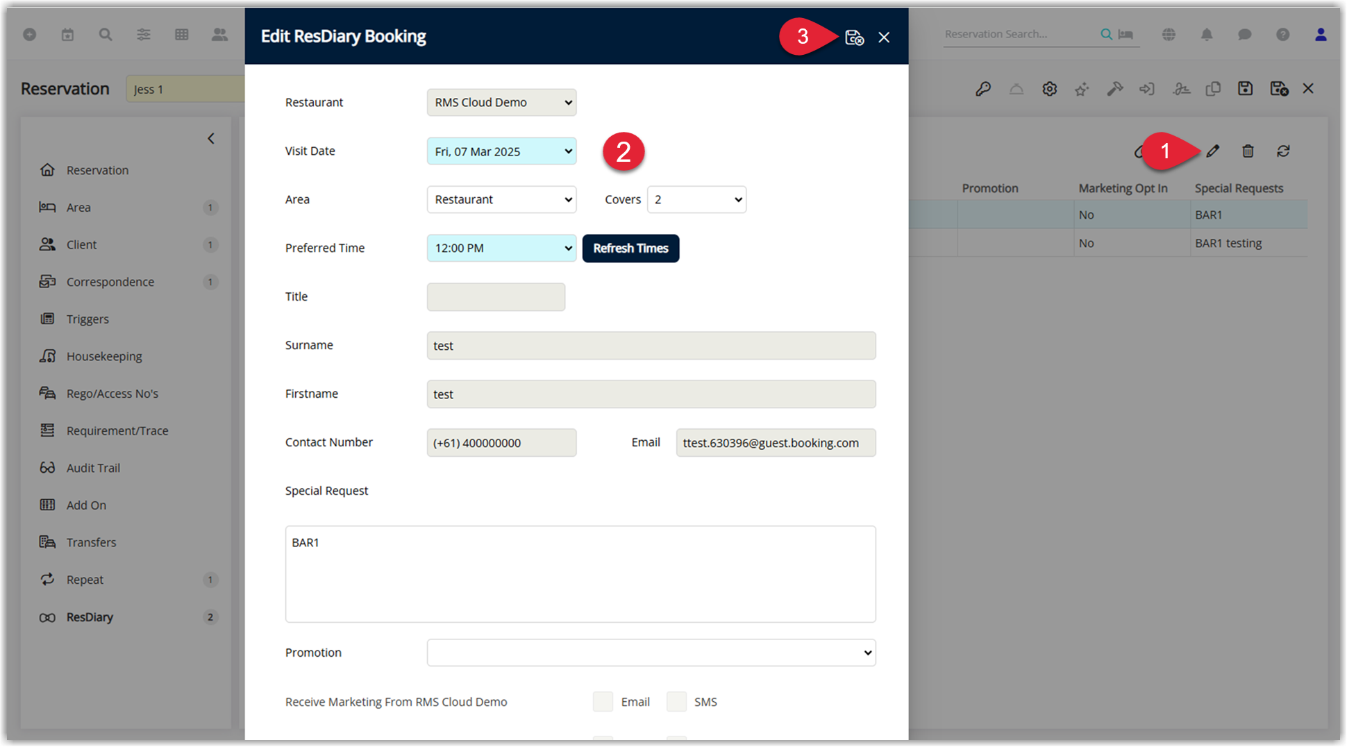 Screenshot of the Edit ResDiary Booking form in RMS showing which booking details can be edited and which fields are read-only.