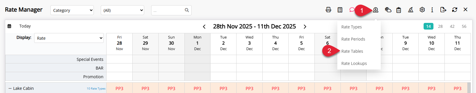 Annotated screenshot of the Rate Manager screen in RMS highlighting the icon that opens the rate setup menu and the Rate Tables option