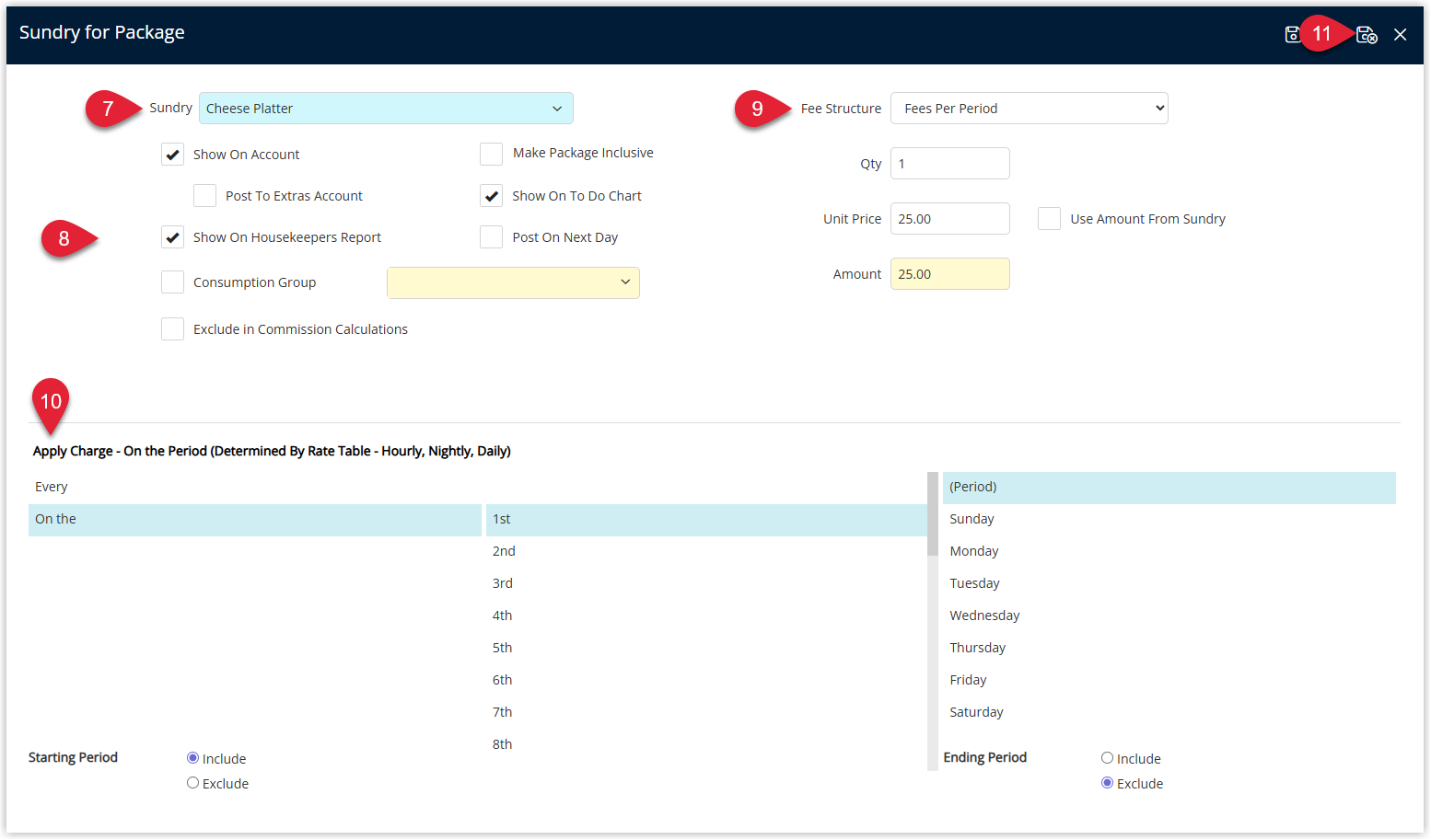 Annotated screenshot of the Sundry for Package screen in RMS highlighting the Sundry selection, the display options, the Fee Structure and the Apply Charge period settings