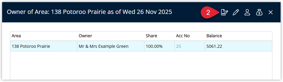 Area details window open from the Booking Chart with a Contract button or tab highlighted to access the Owner Contract for the selected area