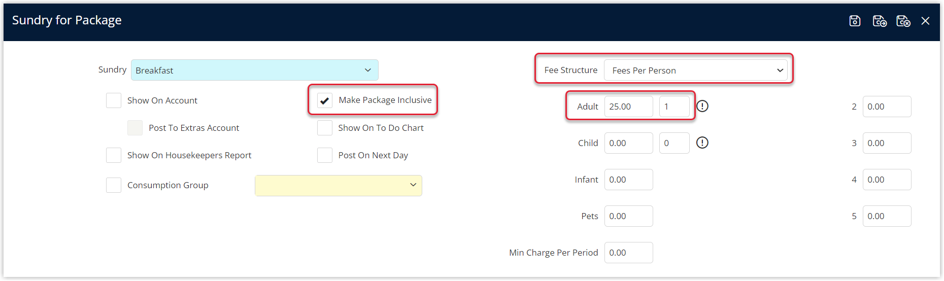 Annotated screenshot of the Sundry for Package screen in RMS highlighting the Make Package Inclusive option, the Fee Structure and the Adult fee