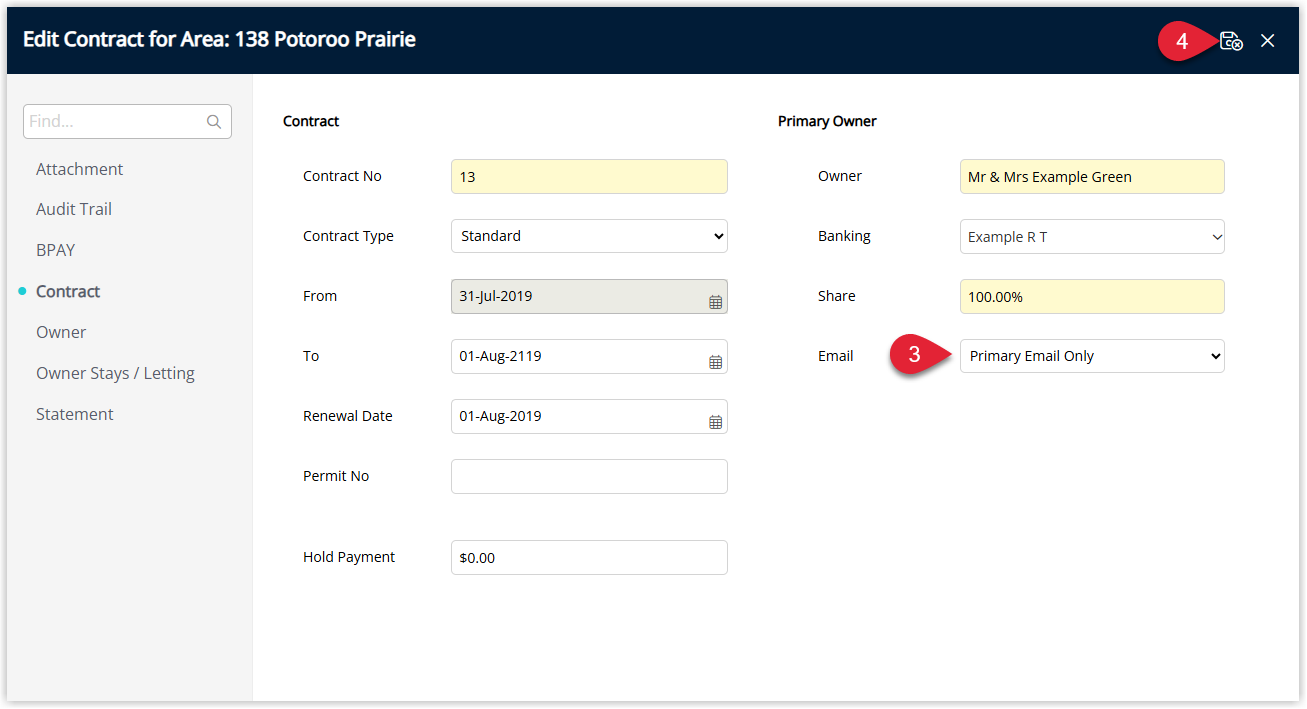 Owner Contract screen showing an Owner Email dropdown with options such as Primary Email Only, Email 2 Only and Primary and Email 2, and a Save/Exit button to apply the changes