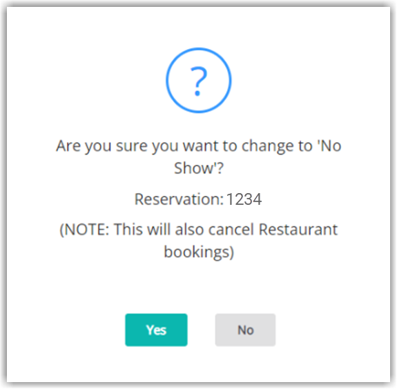 Screenshot of a No Show confirmation dialog in RMS warning that changing the reservation to No Show will also cancel linked restaurant bookings