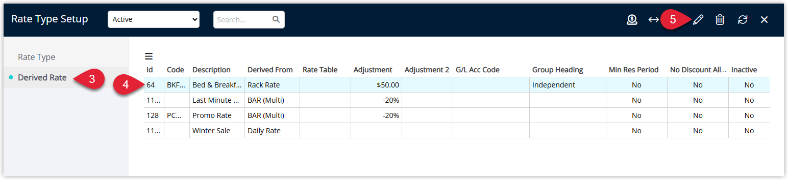 Annotated screenshot of the Rate Type Setup Derived Rate list in RMS showing derived rates with the Bed & Breakfast rate selected and the edit icon highlighted