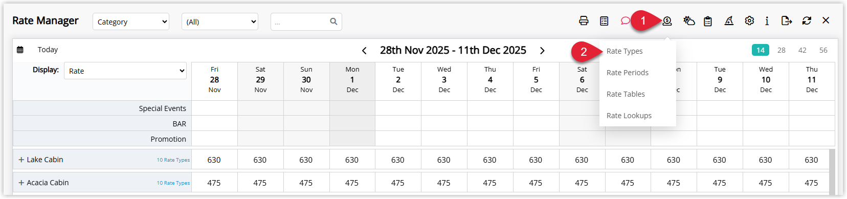Annotated screenshot of the Rate Manager in RMS showing the Rates dropdown menu with Rate Types highlighted