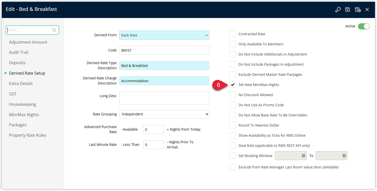 Annotated screenshot of the Edit Derived Rate Setup screen in RMS for the Bed & Breakfast rate with the Set New Min/Max Nights option enabled