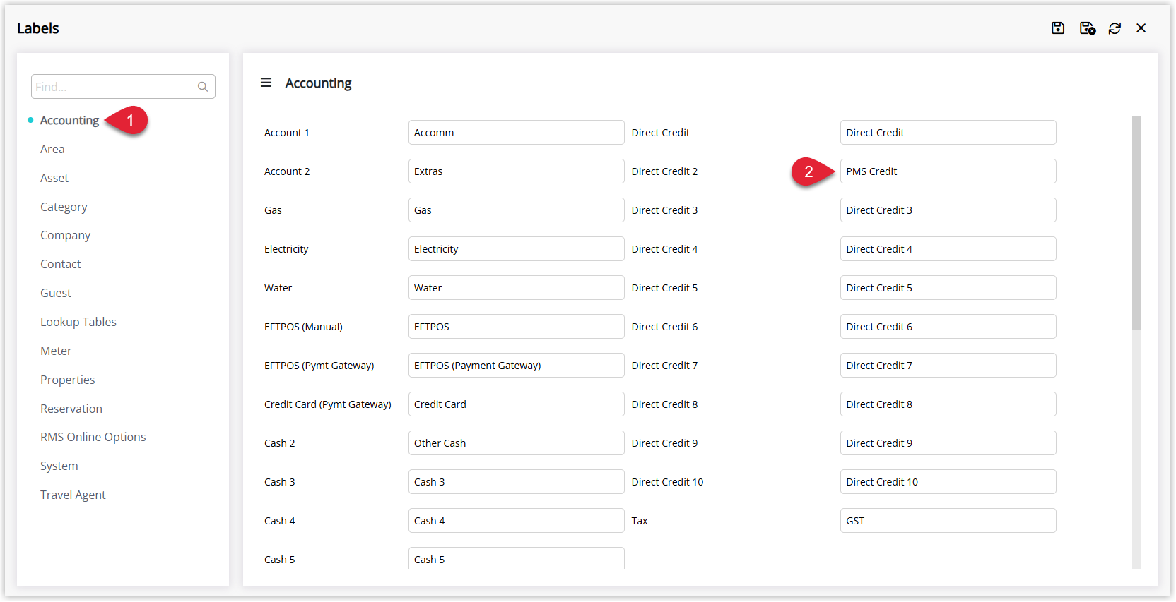Annotated screenshot of the Accounting Labels screen in RMS with a Direct Credit label renamed to PMS Credit
