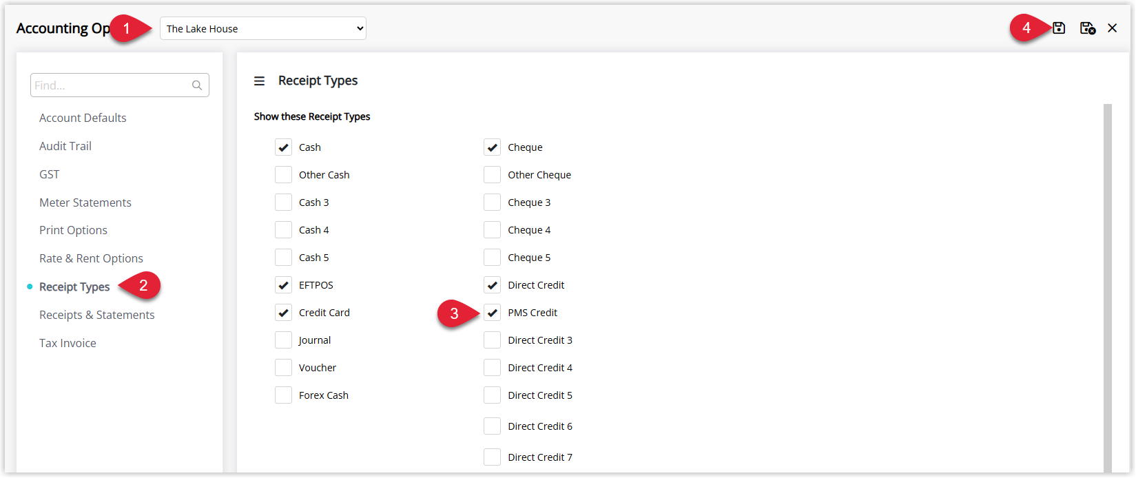 Annotated screenshot of the Accounting Options Receipt Types screen in RMS with the PMS Credit receipt type enabled