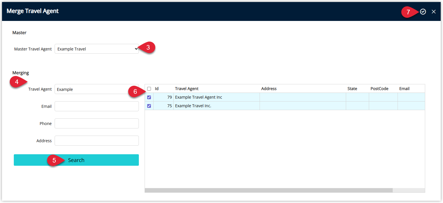 RMS Travel Agent Merge window displaying a Master Travel Agent dropdown with the master selected, a Search Criteria field used to find duplicate Travel Agents, and a results list with checkboxes ticked for the Travel Agents to be merged into the master before clicking Apply.