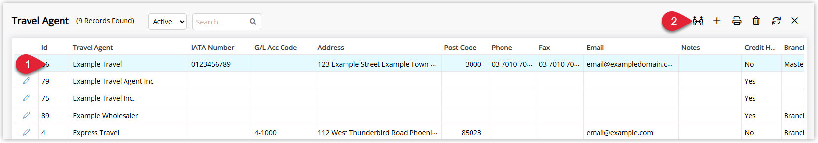RMS Travel Agent setup screen showing a selected Travel Agent record with the Merge option chosen to start consolidating duplicate Travel Agents.
