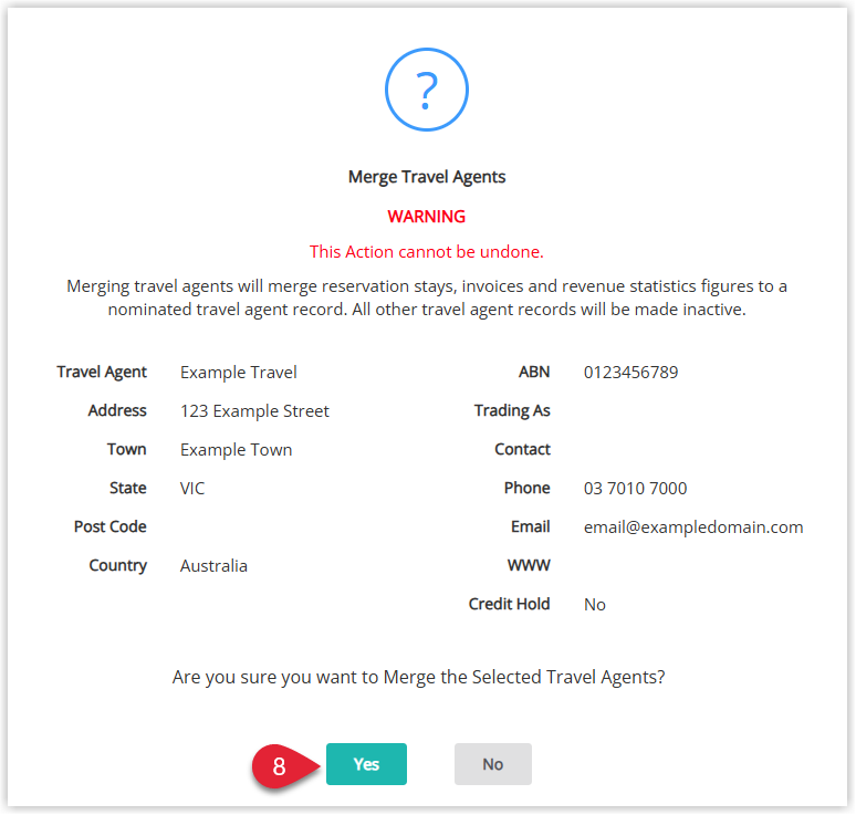 RMS confirmation dialog warning that selected Travel Agents will be merged into the chosen Master Travel Agent, with a Yes button selected to proceed with the merge.