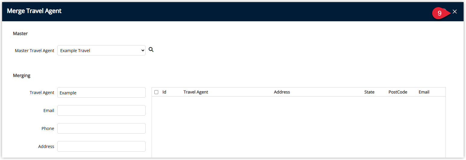 RMS Travel Agent list refreshed after merging, showing only the Master Travel Agent remaining with consolidated details and no longer listing the merged duplicate Travel Agent records.