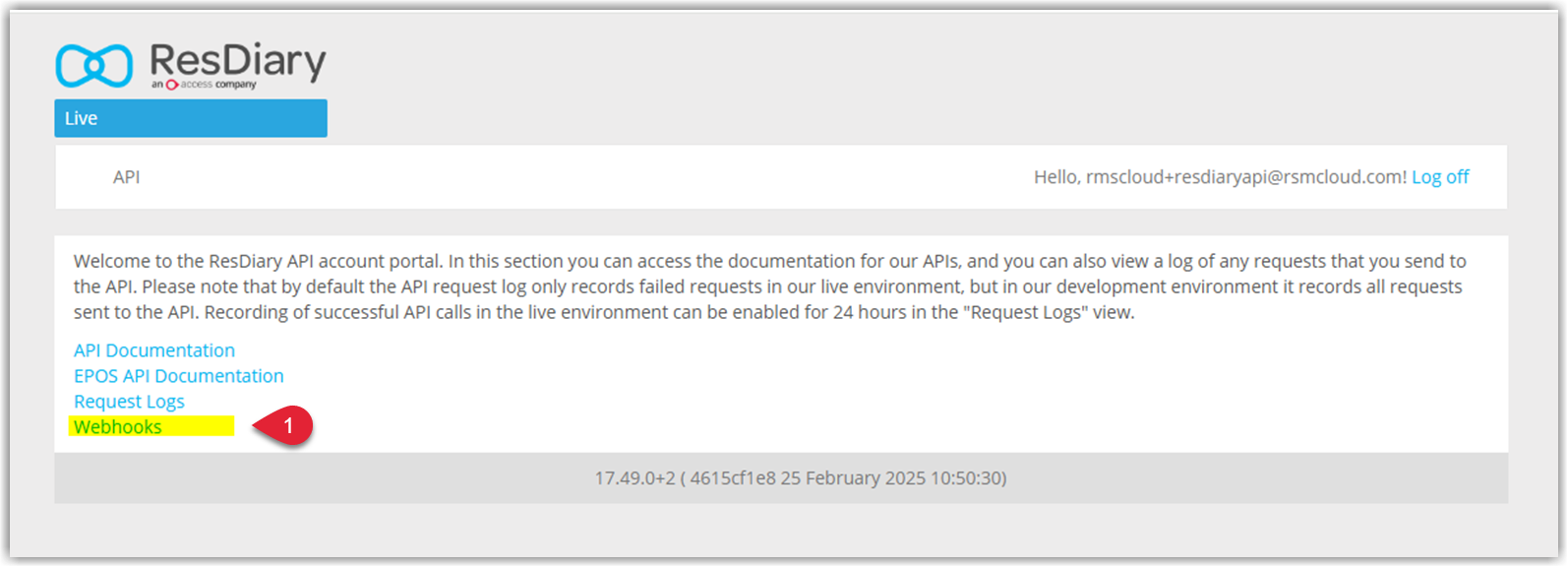 Annotated screenshot of the ResDiary API account portal home page with the Webhooks link highlighted