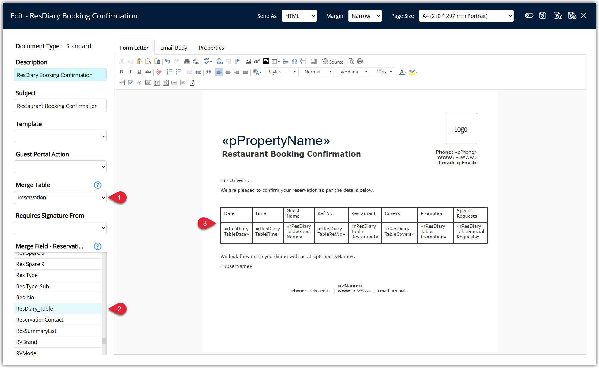Annotated screenshot of the ResDiary Booking Confirmation form letter editor in RMS with the Merge Table dropdown, the ResDiary_Table merge field and the merge field list highlighted