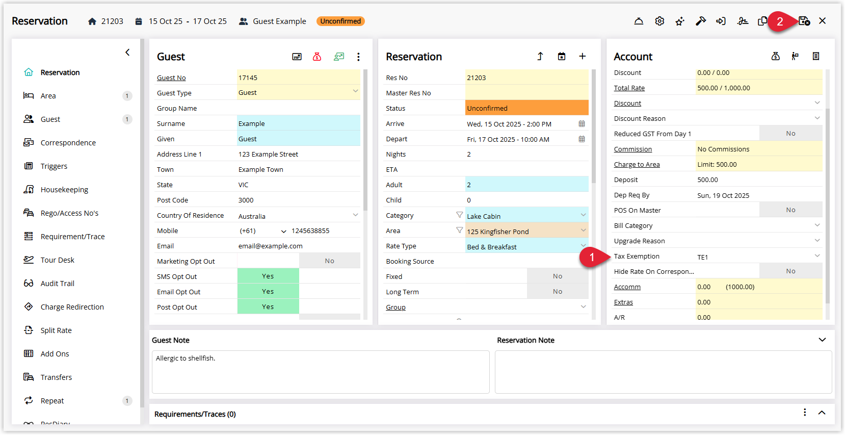 RMS Reservation screen showing a Tax Exemption dropdown with a specific exemption selected on the reservation header and the Save/Exit button clicked so the chosen tax exemption will apply to charges on this reservation.