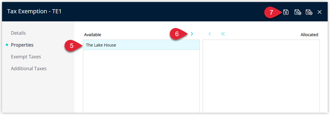 RMS Tax Exemption Properties tab listing available properties with selected items allocated to the exemption and the Save button chosen to confirm.