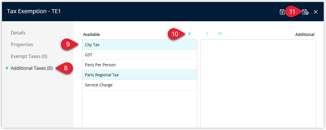 RMS Tax Exemption setup screen on the Additional Taxes tab showing available taxes to allocate as alternate or exempt taxes with the Save/Exit button selected to finish configuring the tax exemption.
