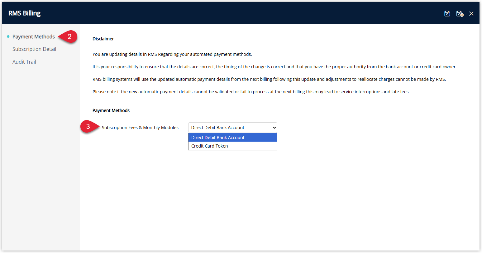 RMS Billing screen open on the Payment Methods tab showing options such as Direct Debit and Credit Card with one payment method selected for editing.