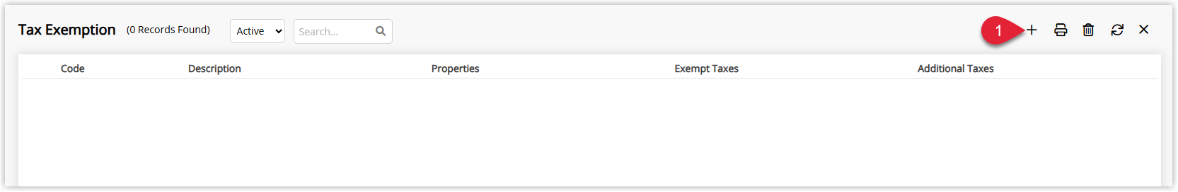 RMS Tax Exemption setup screen showing a list of existing tax exemptions with the Add button highlighted to create a new tax exemption rule.