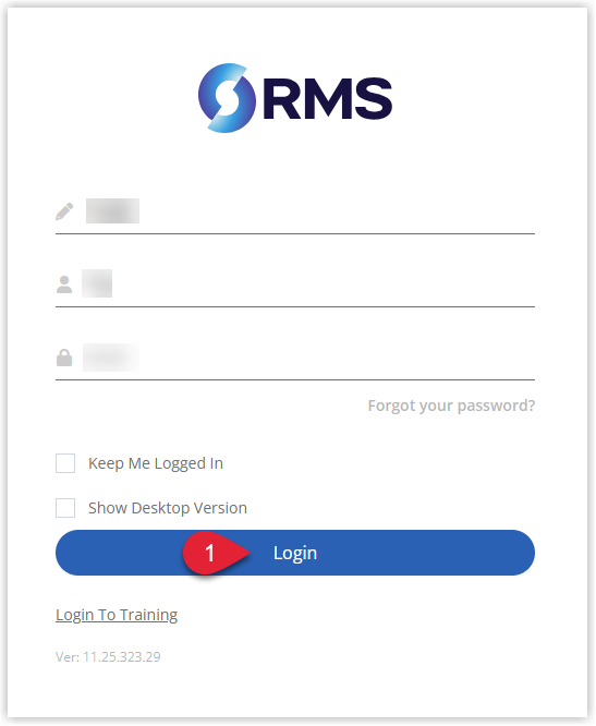 RMS 9+ login screen displayed on a mobile device with fields for Client ID, Username and Password and a Login button