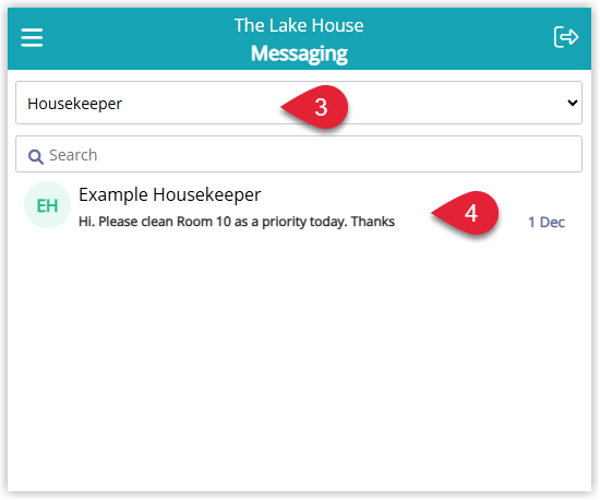 Message Centre screen on a mobile device displaying a menu of message types such as Housekeepers, Staff, Guest Portal, SMS and Email, and a list of message threads for the selected type