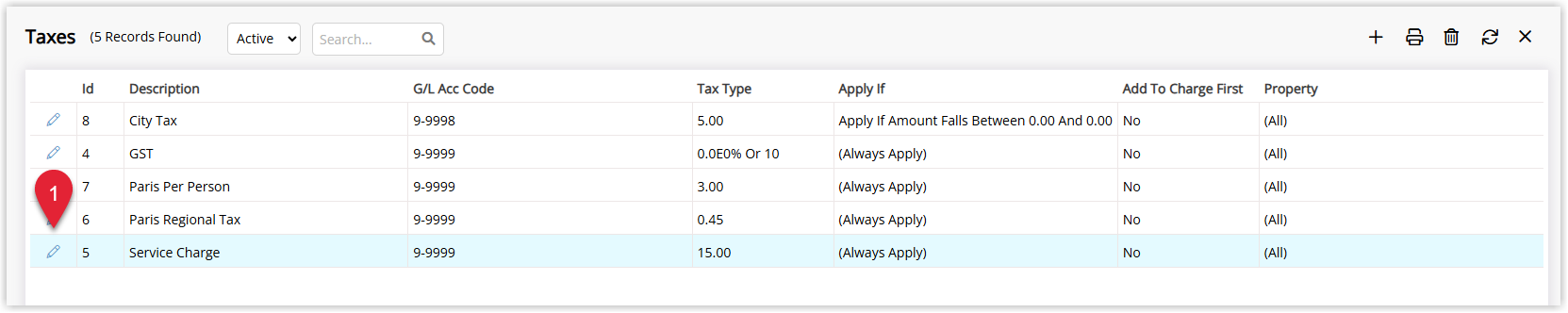 Screenshot of the Taxes setup screen in RMS showing a list of existing taxes with one tax selected and the Edit option used to open it.