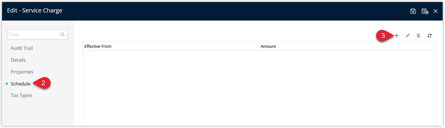 Screenshot of the Tax edit window in RMS with the Schedule tab selected, displaying an empty or existing schedule list and the Add button highlighted to create a new tax schedule entry.